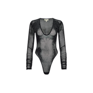 Thalassa Velvet Mesh Bodysuit in black, featuring long sleeves, a low scoop neckline, and sheer, textured velvet mesh fabric.