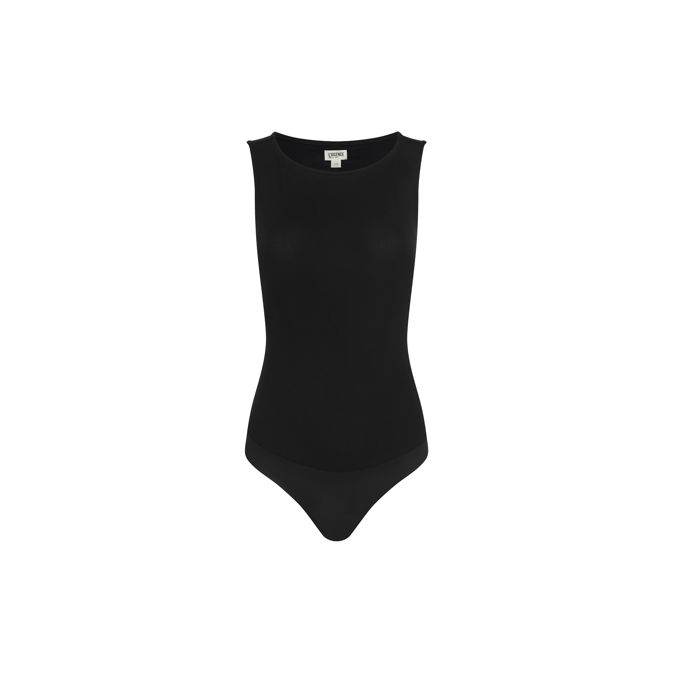 A sleeveless black Riza Boatneck Bodysuit by L’AGENCE, featuring a round neckline and shown on a plain white background. Crafted from stretch jersey for a smooth, fitted silhouette, the bodysuit is finished with a convenient snap closure at the bottom.