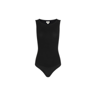 A sleeveless black Riza Boatneck Bodysuit by L’AGENCE, featuring a round neckline and shown on a plain white background. Crafted from stretch jersey for a smooth, fitted silhouette, the bodysuit is finished with a convenient snap closure at the bottom.
