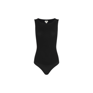 Riza Boatneck Bodysuit in black, sleeveless with a boat neckline, crafted from soft stretch jersey and shown against a plain white background.