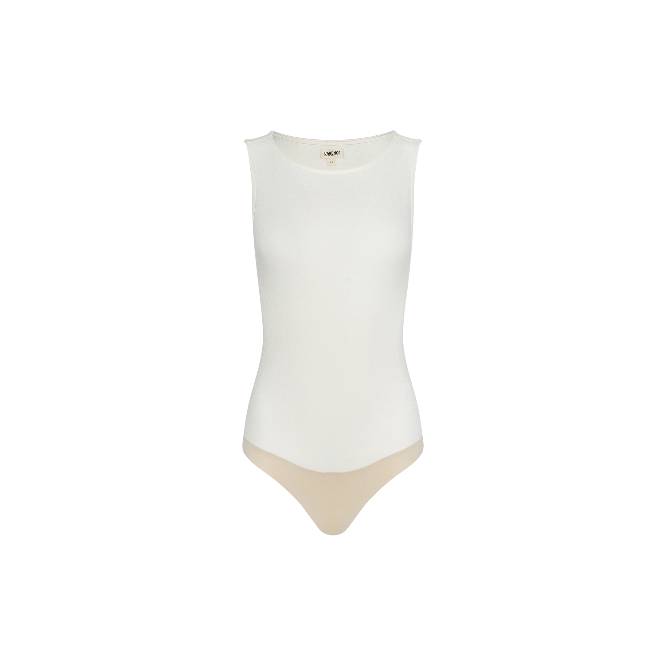 The Riza Boatneck Bodysuit is a sleeveless, vintage white one-piece crafted from stretch jersey with a boat neckline, shown on a plain white background.