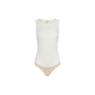 The Riza Boatneck Bodysuit is a sleeveless, vintage white one-piece crafted from stretch jersey with a boat neckline, shown on a plain white background.