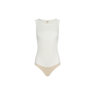 Riza Boatneck Bodysuit in vintage white, featuring a sleeveless design with a chic boat neckline and a light beige thong-style bottom, displayed against a plain white background for an elevated, versatile look.