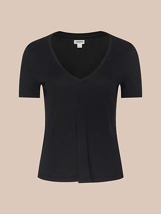 The Brianna Cotton V-Neck Tee, a luxurious black short-sleeve T-shirt made from Supima cotton, is displayed on a beige background.