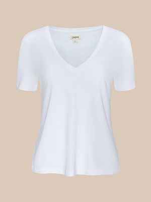 The Brianna Cotton V-Neck Tee features a relaxed fit and soft Supima cotton in plain white, shown against a neutral beige background.
