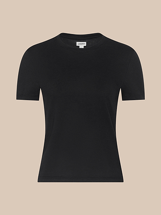 The Aileen Cotton Crewneck Tee, crafted from premium Supima cotton, features a plain black color and short sleeves. It is displayed on a light beige background.