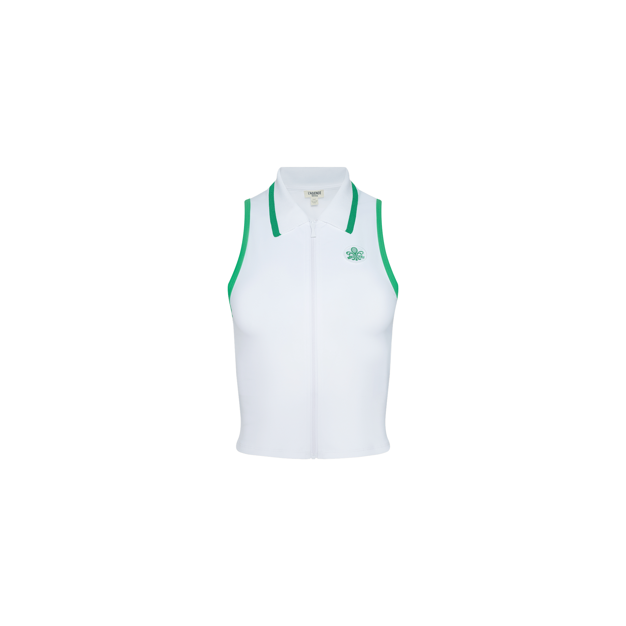 The Monica Tennis Polo is a sleeveless white collared top accented with green trim along the armholes and collar, and features a small green emblem on the left chest. Crafted from breathable fabric, this tennis polo is shown against a plain white background.