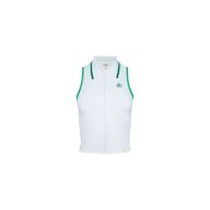 The Monica Tennis Polo is a sleeveless white collared top accented with green trim along the armholes and collar, and features a small green emblem on the left chest. Crafted from breathable fabric, this tennis polo is shown against a plain white background.