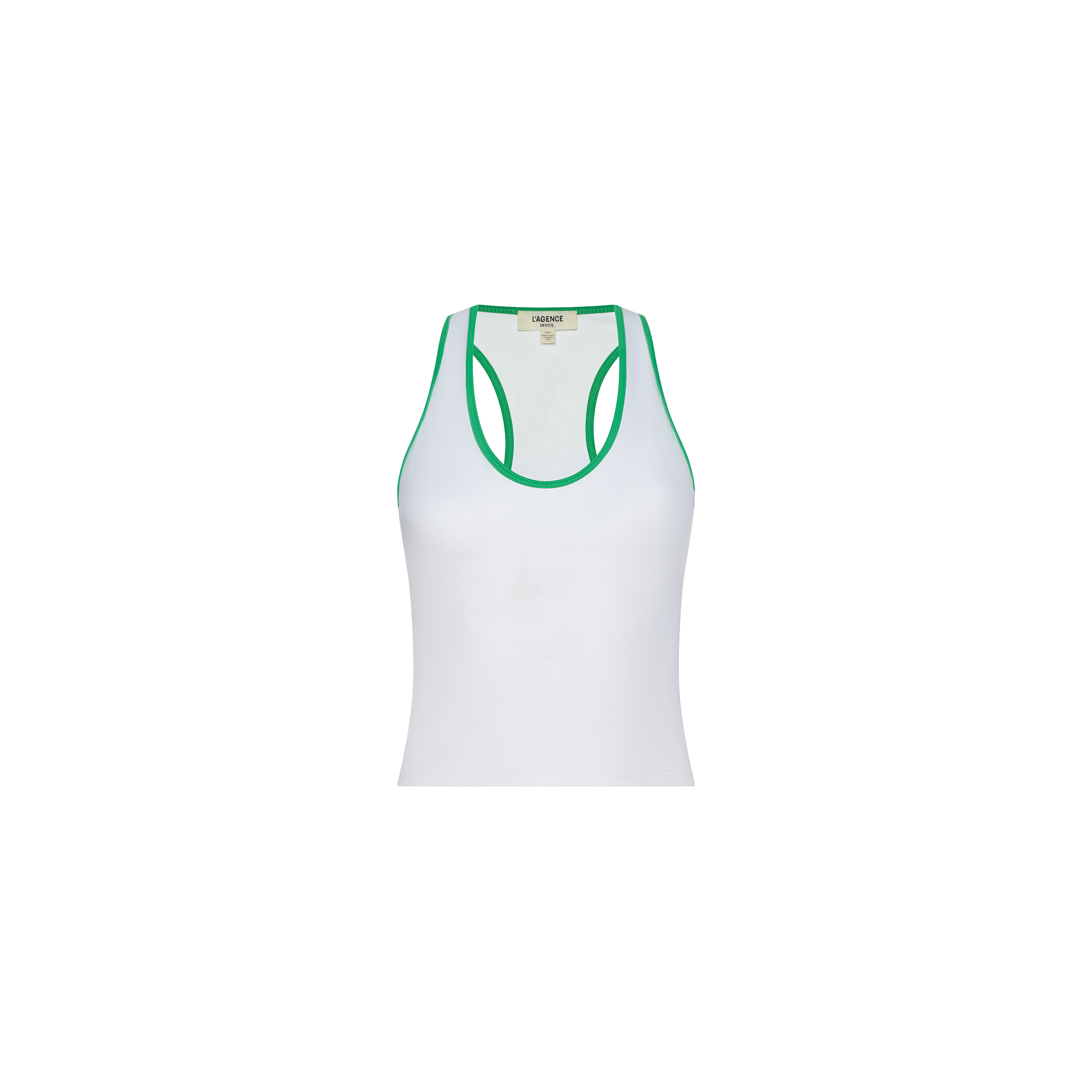 The Martina Racerback Tennis Tank is a sleeveless white tennis top featuring green trim around the neckline and armholes, crafted from quick-drying sports fabric and displayed on a plain white background.