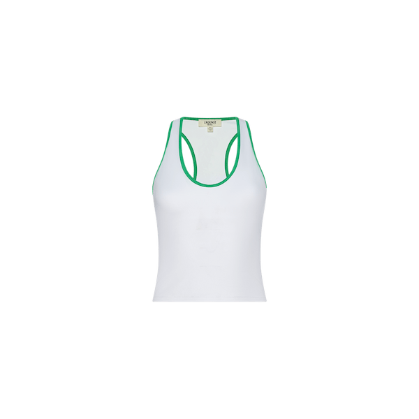 The Martina Racerback Tennis Tank is a sleeveless white tennis top featuring green trim around the neckline and armholes, crafted from quick-drying sports fabric and displayed on a plain white background.