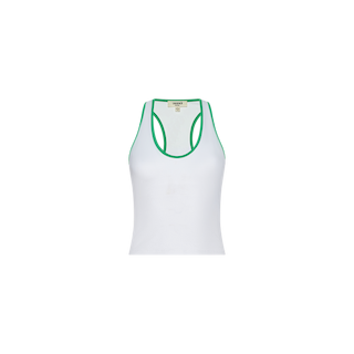 The Martina Racerback Tennis Tank is crafted from quick-drying sports fabric, featuring a racerback design with green trim accenting the neckline and armholes. Shown against a plain white background.