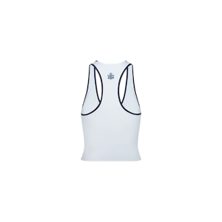 The Martina Racerback Tennis Tank is a light blue sports top featuring dark blue trim and a small decorative emblem near the upper back, displayed against a plain white background. This quick-drying athletic tank is designed for both comfort and performance.