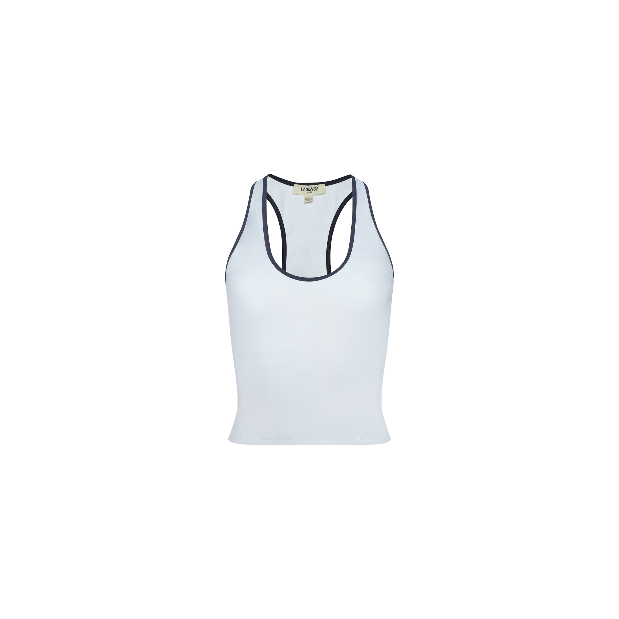 Martina Racerback Tennis Tank in white with black trim at the armholes and neckline, featuring a built-in bra, displayed against a plain white background.