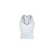 Martina Racerback Tennis Tank in white with black trim at the armholes and neckline, featuring a built-in bra, displayed against a plain white background.