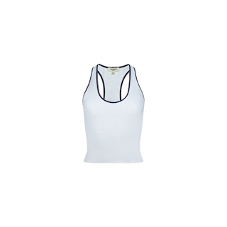 The Martina Racerback Tennis Tank is a white sports tank featuring black trim around the neckline and armholes, shown against a plain white background.