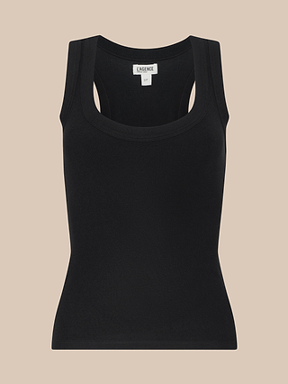 A sleeveless, fitted black Shania Racerback Tank featuring a scoop neckline and crafted from ribbed knit fabric, displayed against a beige background. The clothing label near the collar reads LAGENCE.