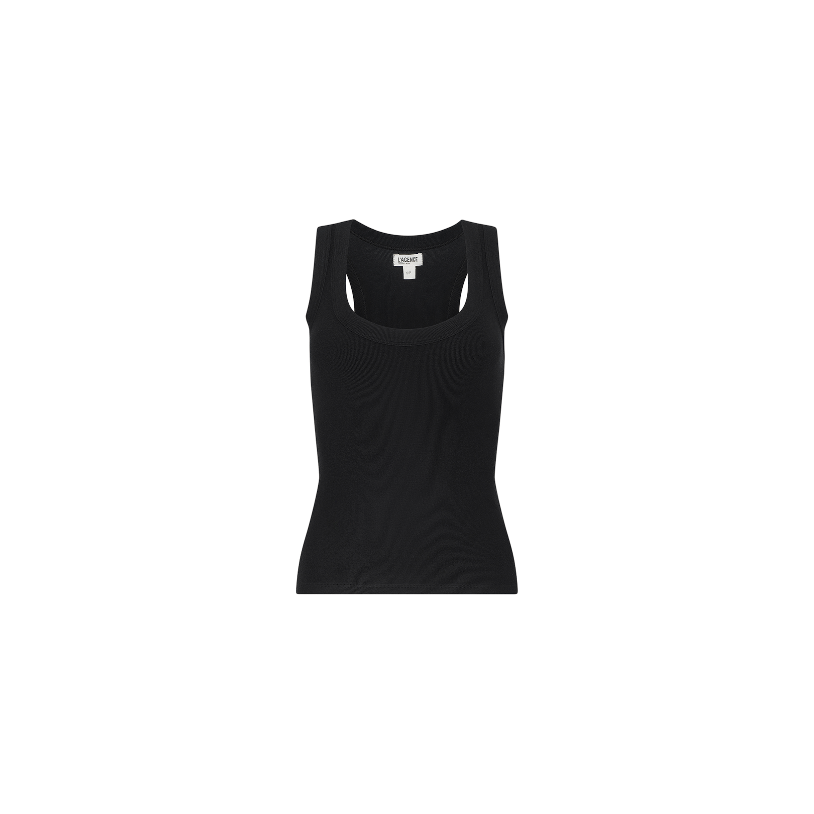 The Shania Racerback Tank, made from soft ribbed knit fabric in classic black, is displayed on a white background.