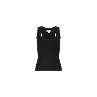 The Shania Racerback Tank, made from soft ribbed knit fabric in classic black, is displayed on a white background.