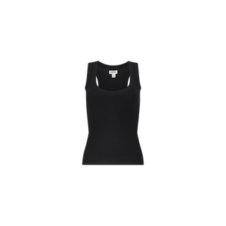 The Shania Racerback Tank, made from soft ribbed knit fabric in classic black, is displayed on a white background.