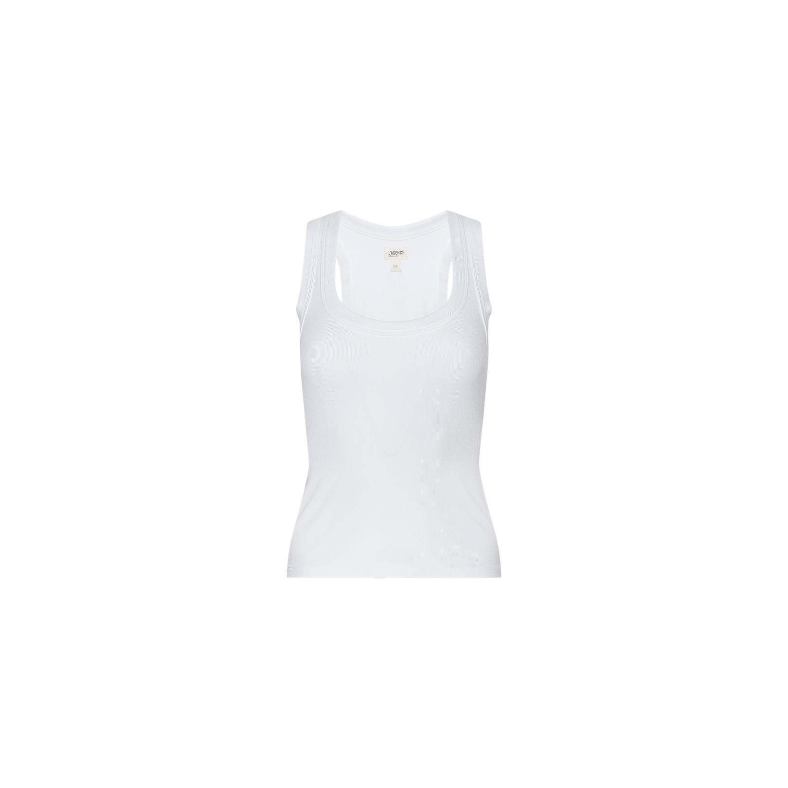 The Shania Racerback Tank, a plain white ribbed knit sleeveless top, is laid flat on a white background to show the front side.