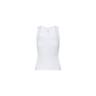 The Shania Racerback Tank is displayed on a white background, shown from the front with a scoop neckline and plain white ribbed knit fabric, featuring no visible designs or logos.