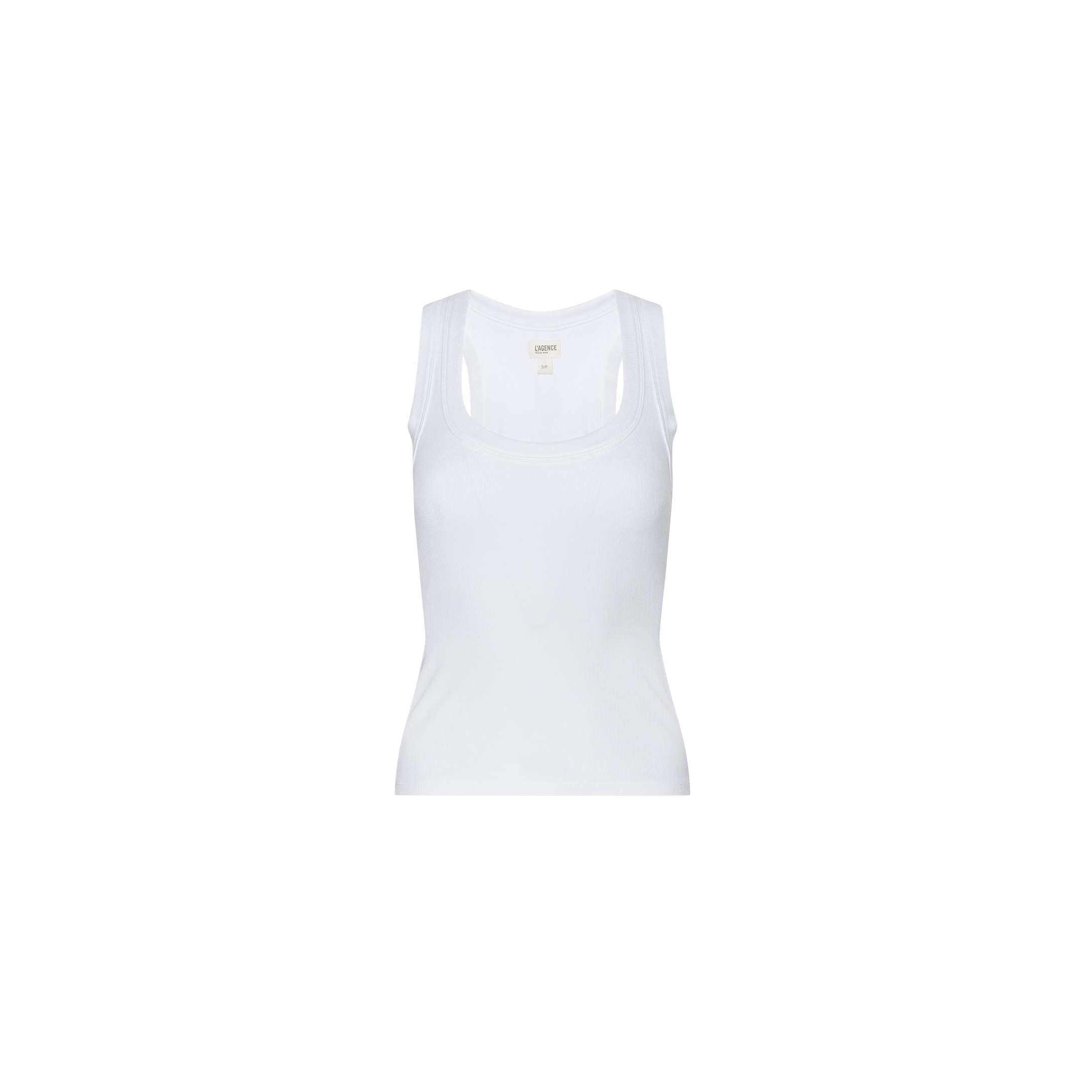 The Shania Racerback Tank is displayed on a white background, shown from the front with a scoop neckline and plain white ribbed knit fabric, featuring no visible designs or logos.