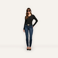 A person wearing a black Leanne Cotton Tee, blue jeans with a black belt, and black sunglasses.
