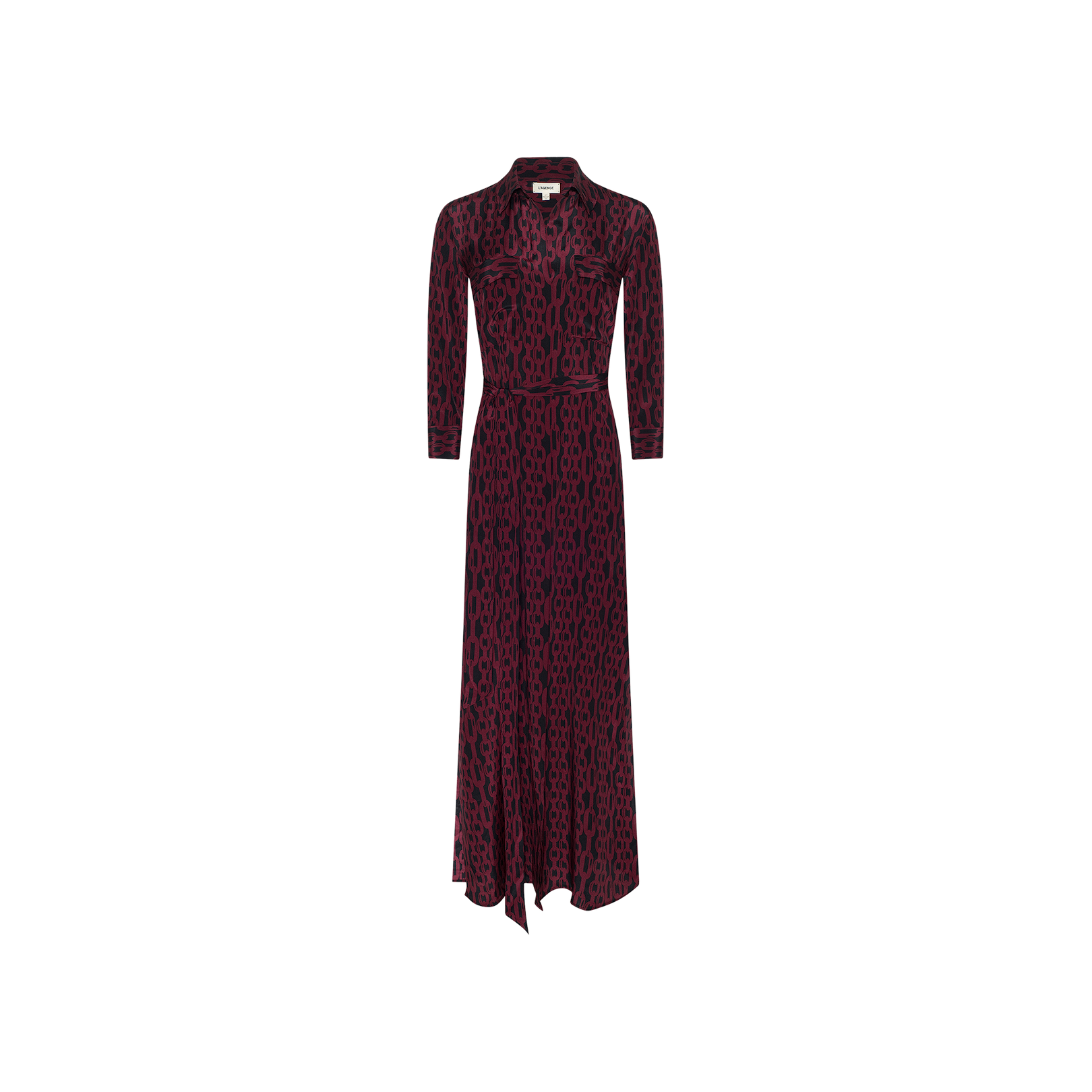 The Cameron Silk Shirt Dress is a long-sleeved, ankle-length maxi dress with a collared neckline and button-down front, featuring a dark burgundy base adorned with an all-over black geometric pattern.