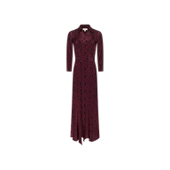 The Cameron Silk Shirt Dress is a long-sleeved, ankle-length maxi dress with a collared neckline and button-down front, featuring a dark burgundy base adorned with an all-over black geometric pattern.