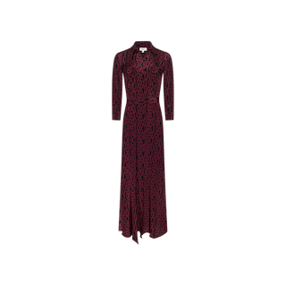 The Cameron Silk Shirt Dress is a long-sleeved, ankle-length maxi dress with a collared neckline and button-down front, featuring a dark burgundy base adorned with an all-over black geometric pattern.