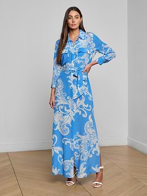 Cameron Silk Shirt Dress in Regatta Blue/Ivory Large Paisley | L'AGENCE Cameron Silk Shirt Dress in Regatta Blue/Ivory Large Paisley | L'AGENCE