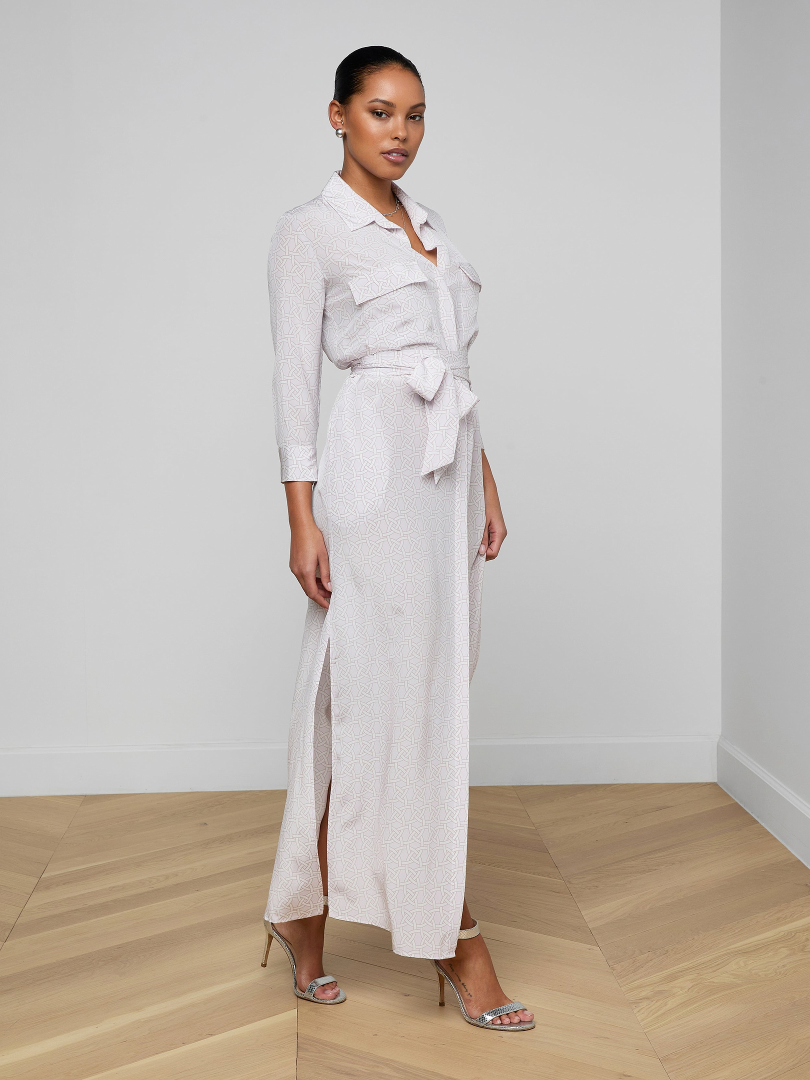 Cameron Silk Shirt Dress in Icy Lilac Linked Geo | L'AGENCE