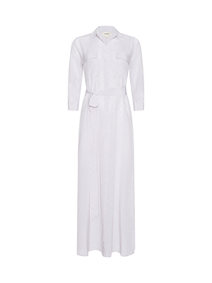 The Cameron Silk Shirt Dress is a long-sleeved, full-length light lavender silk dress with a collar, chest pockets, button-down front, and matching fabric belt at the waist, shown on a white background.