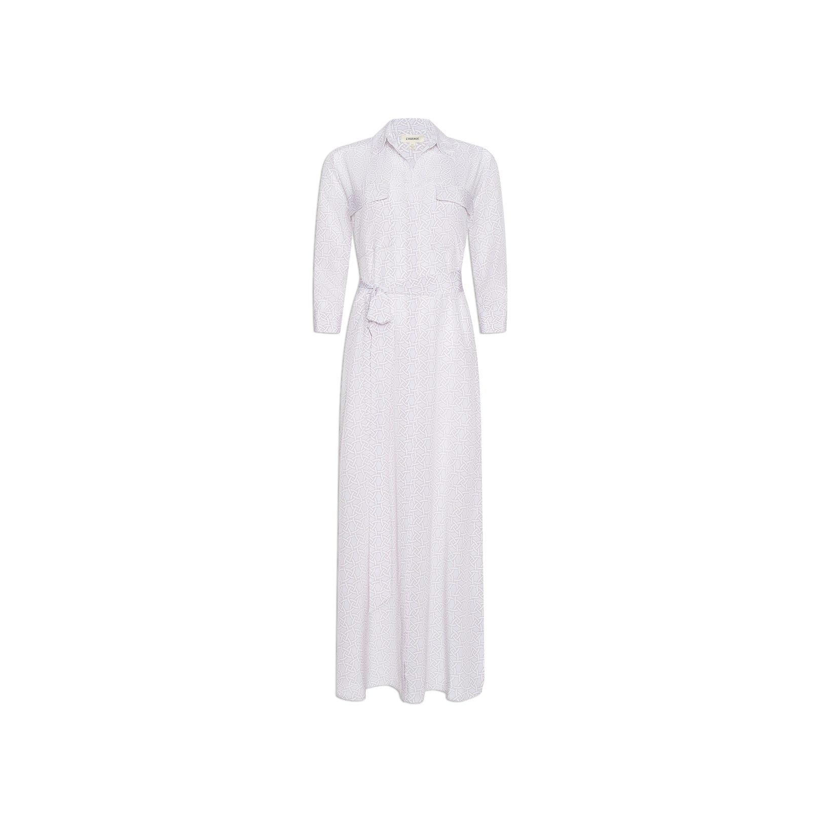 The Cameron Silk Shirt Dress is a long-sleeved, full-length white dress featuring a classic collar, two chest pockets, subtle buttons, and a belted waist. Expertly crafted from luxurious silk crepe de chine, this elegant dress boasts a flowing skirt and is shown against a plain white background.