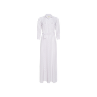 The Cameron Silk Shirt Dress is a long-sleeved, full-length white dress featuring a classic collar, two chest pockets, subtle buttons, and a belted waist. Expertly crafted from luxurious silk crepe de chine, this elegant dress boasts a flowing skirt and is shown against a plain white background.