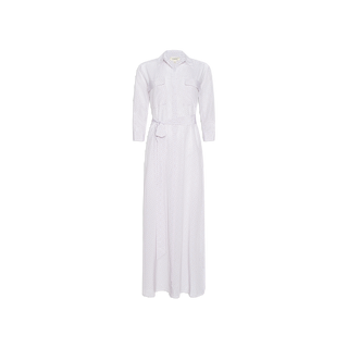 The Cameron Silk Shirt Dress is a long-sleeved, full-length white dress featuring a classic collar, two chest pockets, subtle buttons, and a belted waist. Expertly crafted from luxurious silk crepe de chine, this elegant dress boasts a flowing skirt and is shown against a plain white background.