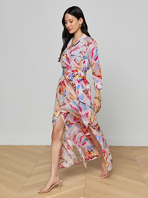 L'AGENCE Cameron Silk Shirt Dress In Light Pink Multi Large Postcard Print L'AGENCE Cameron Silk Shirt Dress In Light Pink Multi Large Postcard Print