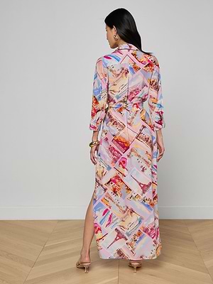 Cameron Silk Shirt Dress in Light Pink Multi Large Postcard Print | L'AGENCE Cameron Silk Shirt Dress in Light Pink Multi Large Postcard Print | L'AGENCE