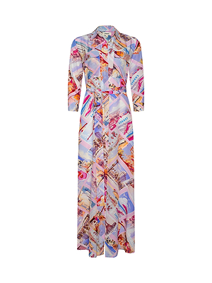 The Cameron Silk Shirt Dress is a long-sleeved, button-down maxi dress with a collar and belted waist, featuring colorful abstract postcard prints in pink, purple, orange, and blue on silk crepe de chine.