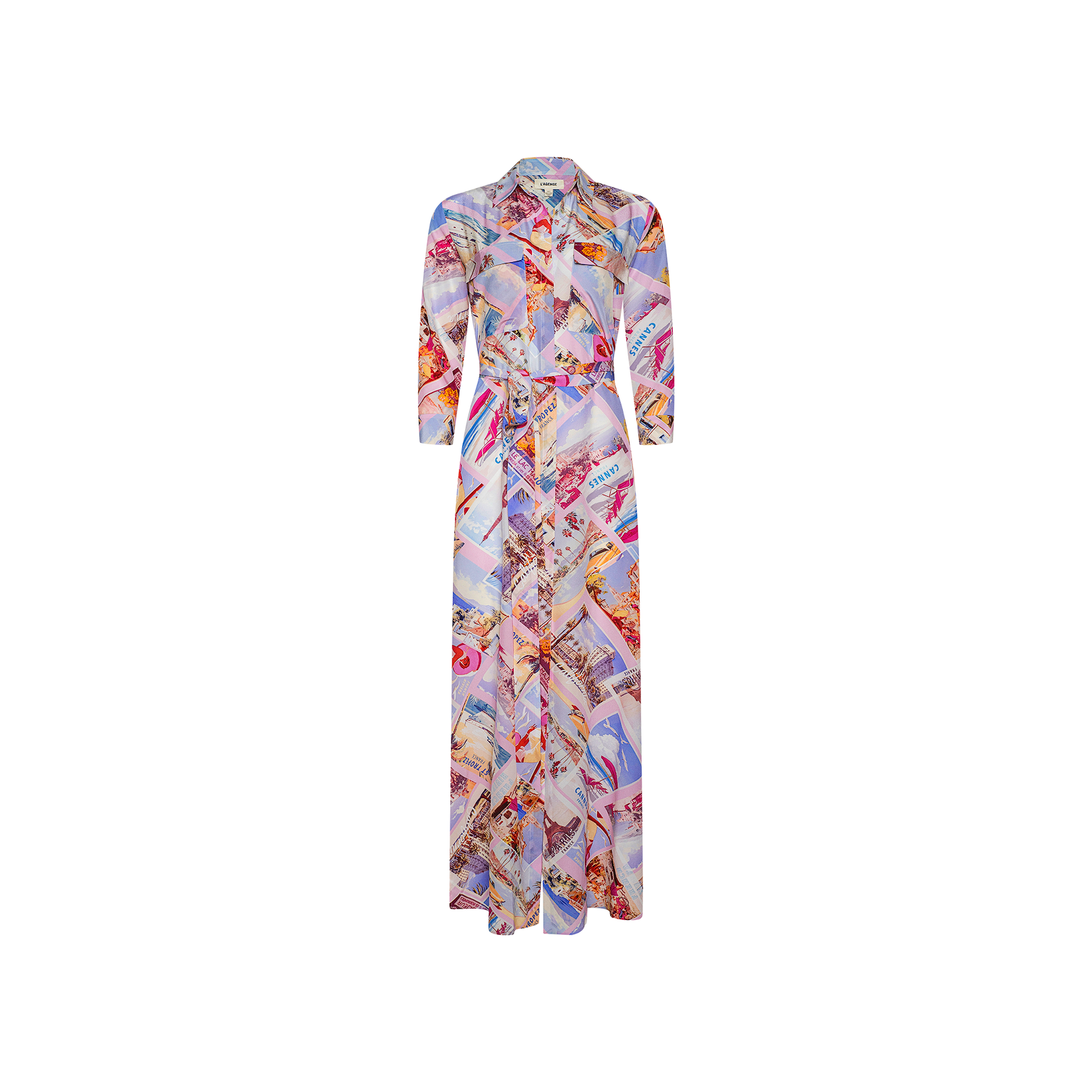 The Cameron Silk Shirt Dress is a long-sleeve, button-down dress crafted from luxurious silk crepe de chine, featuring a vibrant abstract pattern in pink, purple, blue, and orange postcard-inspired tones, displayed against a plain white background.