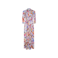 The Cameron Silk Shirt Dress is a long-sleeve, full-length silk dress featuring a colorful postcard print in pink, blue, and orange tones, with buttons down the front and a collared neckline.