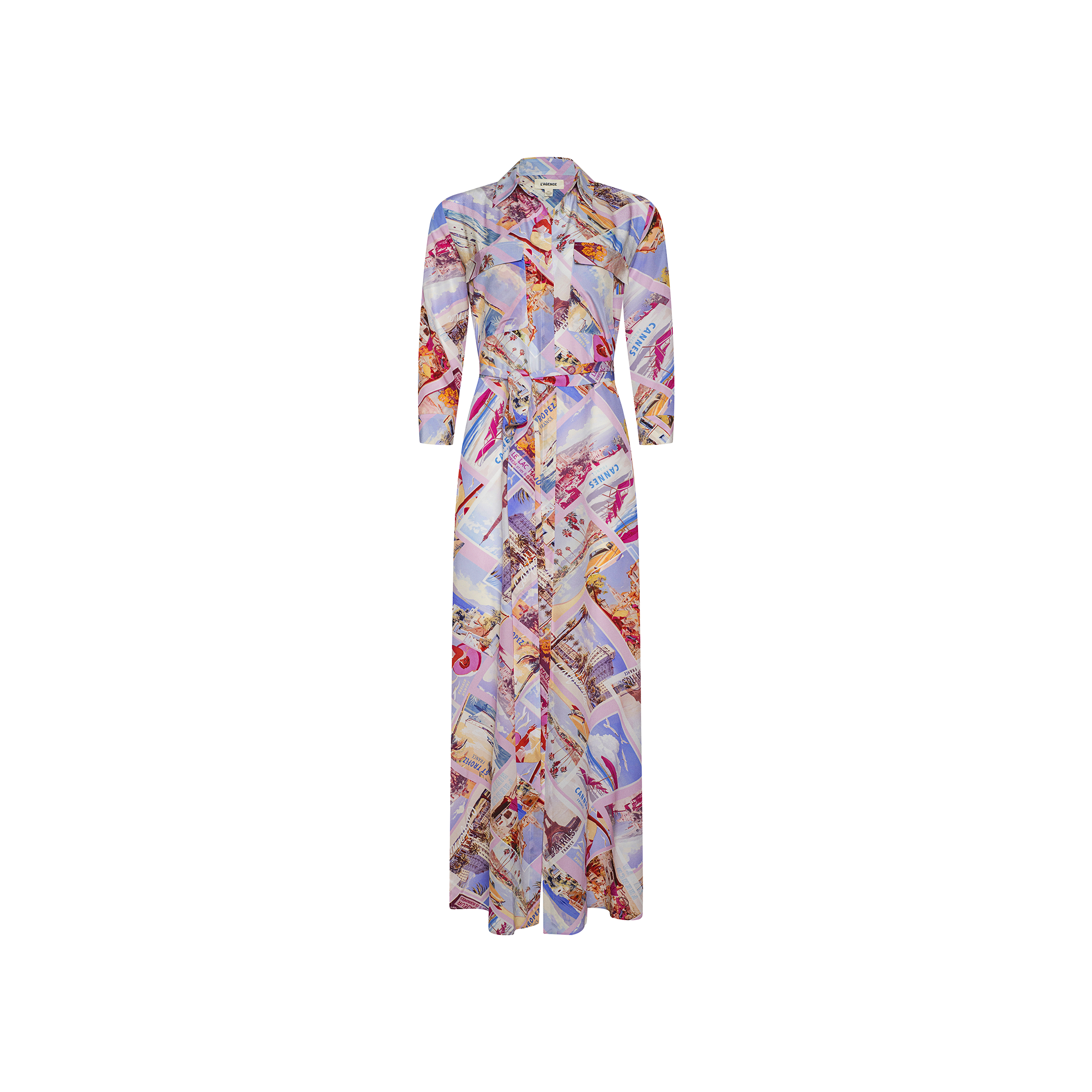 The Cameron Silk Shirt Dress is a long-sleeve, full-length silk dress featuring a colorful postcard print in pink, blue, and orange tones, with buttons down the front and a collared neckline.