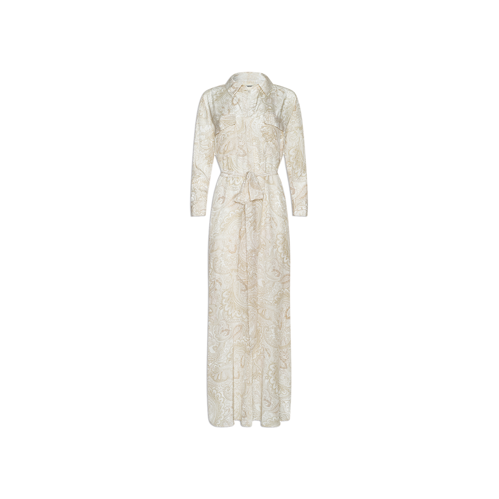 The Cameron Silk Shirt Dress is a long-sleeve, full-length shirt dress in light beige silk crepe de chine, featuring a subtle paisley print and a matching waist tie, shown against a white background.