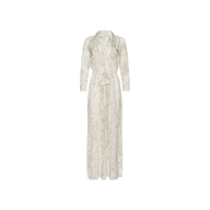The Cameron Silk Shirt Dress is a long-sleeve, full-length shirt dress in light beige silk crepe de chine, featuring a subtle paisley print and a matching waist tie, shown against a white background.