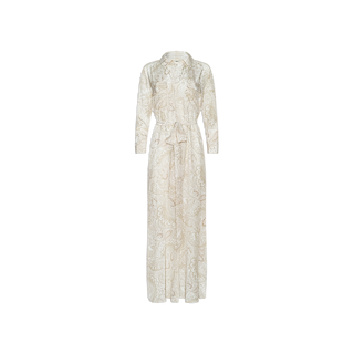 The Cameron Silk Shirt Dress is a long-sleeve, full-length shirt dress in light beige silk crepe de chine, featuring a subtle paisley print and a matching waist tie, shown against a white background.