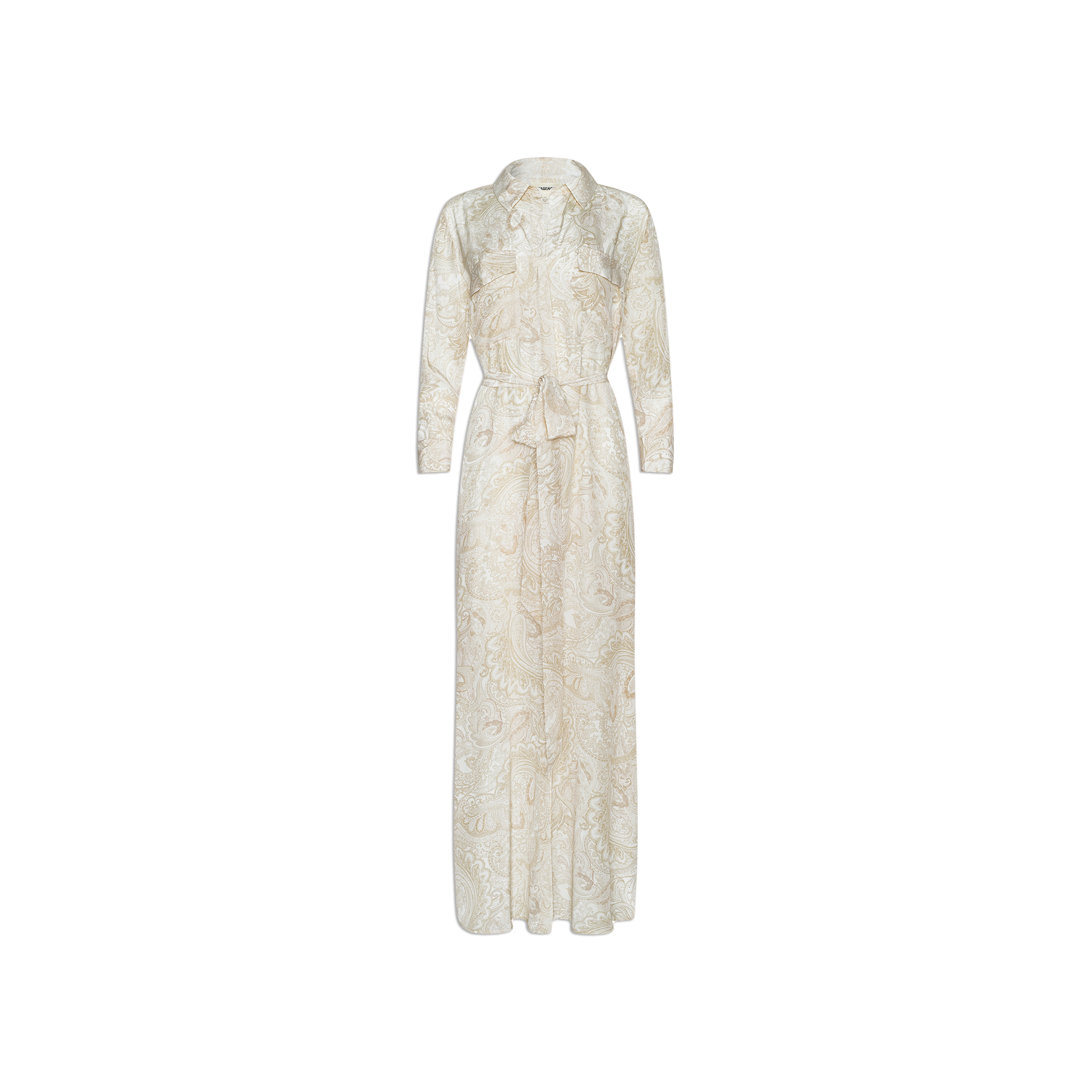 The Cameron Silk Shirt Dress is a long-sleeve, full-length shirt dress in light beige silk crepe de chine, featuring a subtle paisley print and a matching waist tie, shown against a white background.
