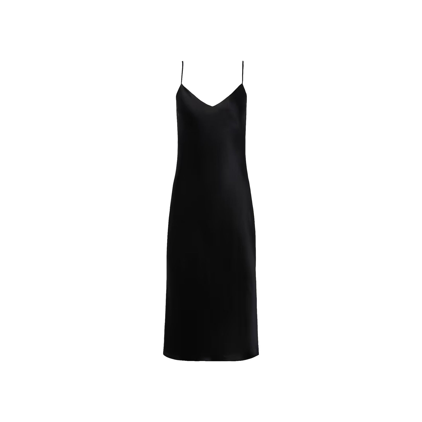 The Jodie Silk Slip Dress, featuring a sleeveless black silk design with thin spaghetti straps, a V-shaped neckline, and a straight knee-length hem, is displayed on a plain white background.