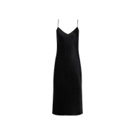 The Jodie Silk Slip Dress, featuring a sleeveless black silk design with thin spaghetti straps, a V-shaped neckline, and a straight knee-length hem, is displayed on a plain white background.