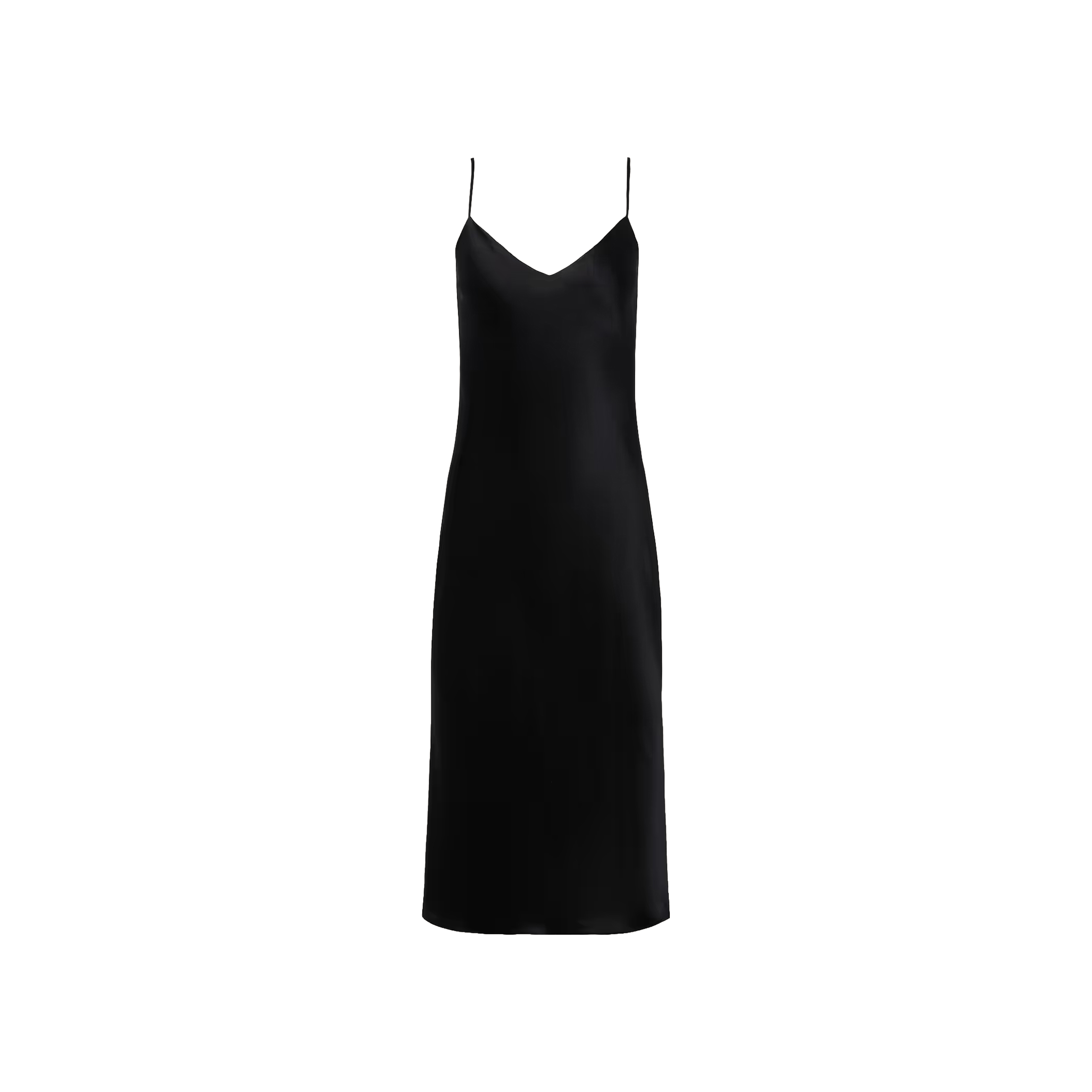 The Jodie Silk Slip Dress, featuring a sleeveless black silk design with thin spaghetti straps, a V-shaped neckline, and a straight knee-length hem, is displayed on a plain white background.
