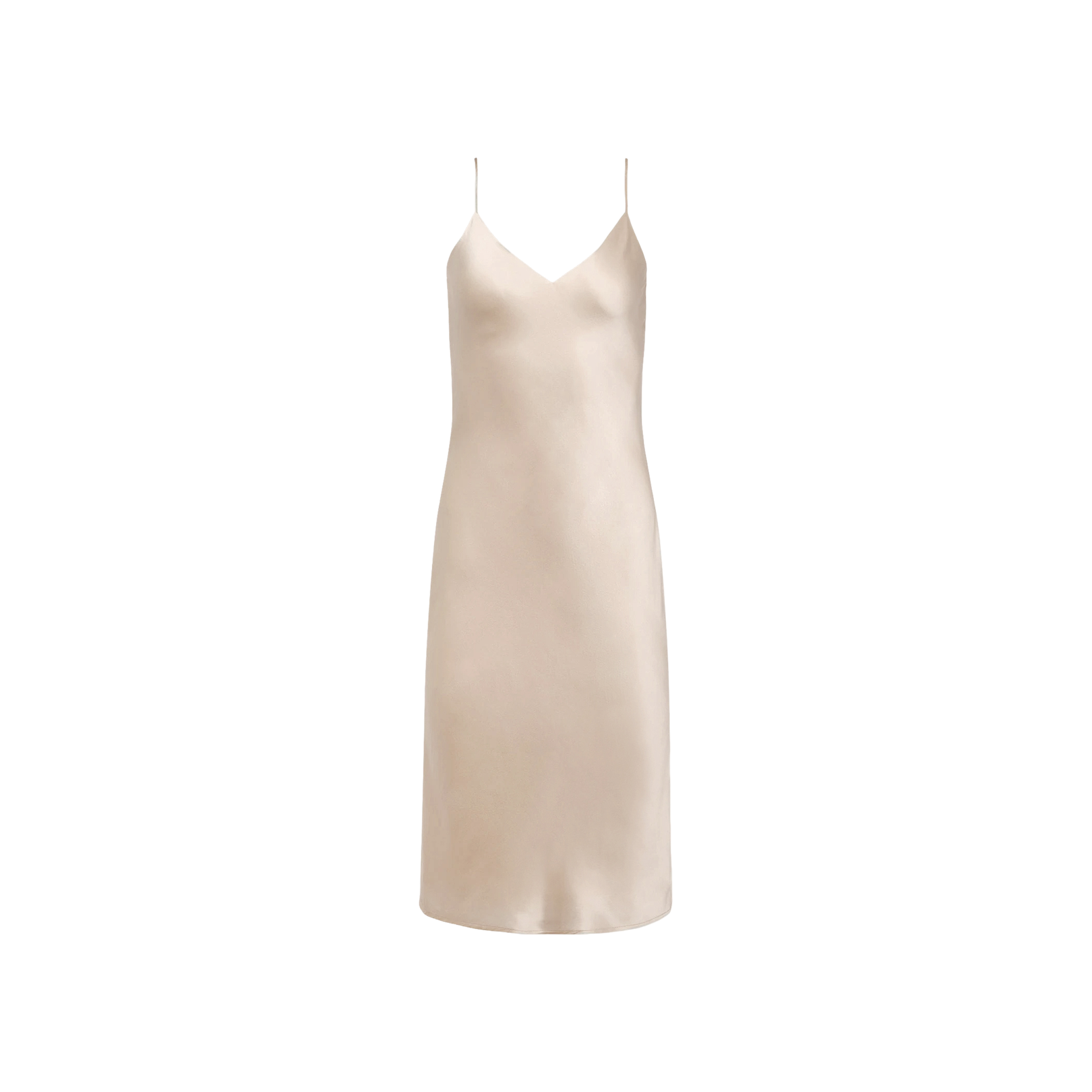 The Jodie Silk Slip Dress is a sleeveless, champagne-colored charmeuse design featuring thin spaghetti straps, a V-neckline, and a straight silhouette, shown against a plain white background.